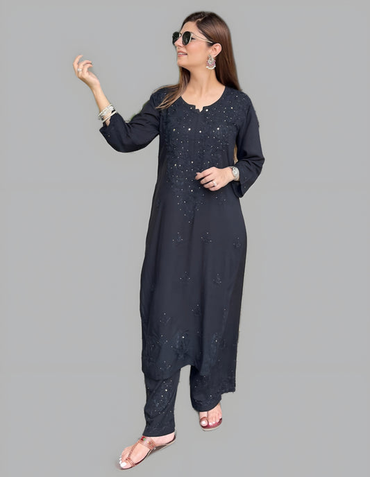 Sawda Premium Chikankari Handwork Rayon Kurta & Palazzo Set with Muquesh Embellishments