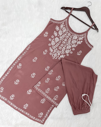Mansha Chikankari Strappy Rayon Kurti & Palazzo Co-Ord Set (Adjustable Strap)