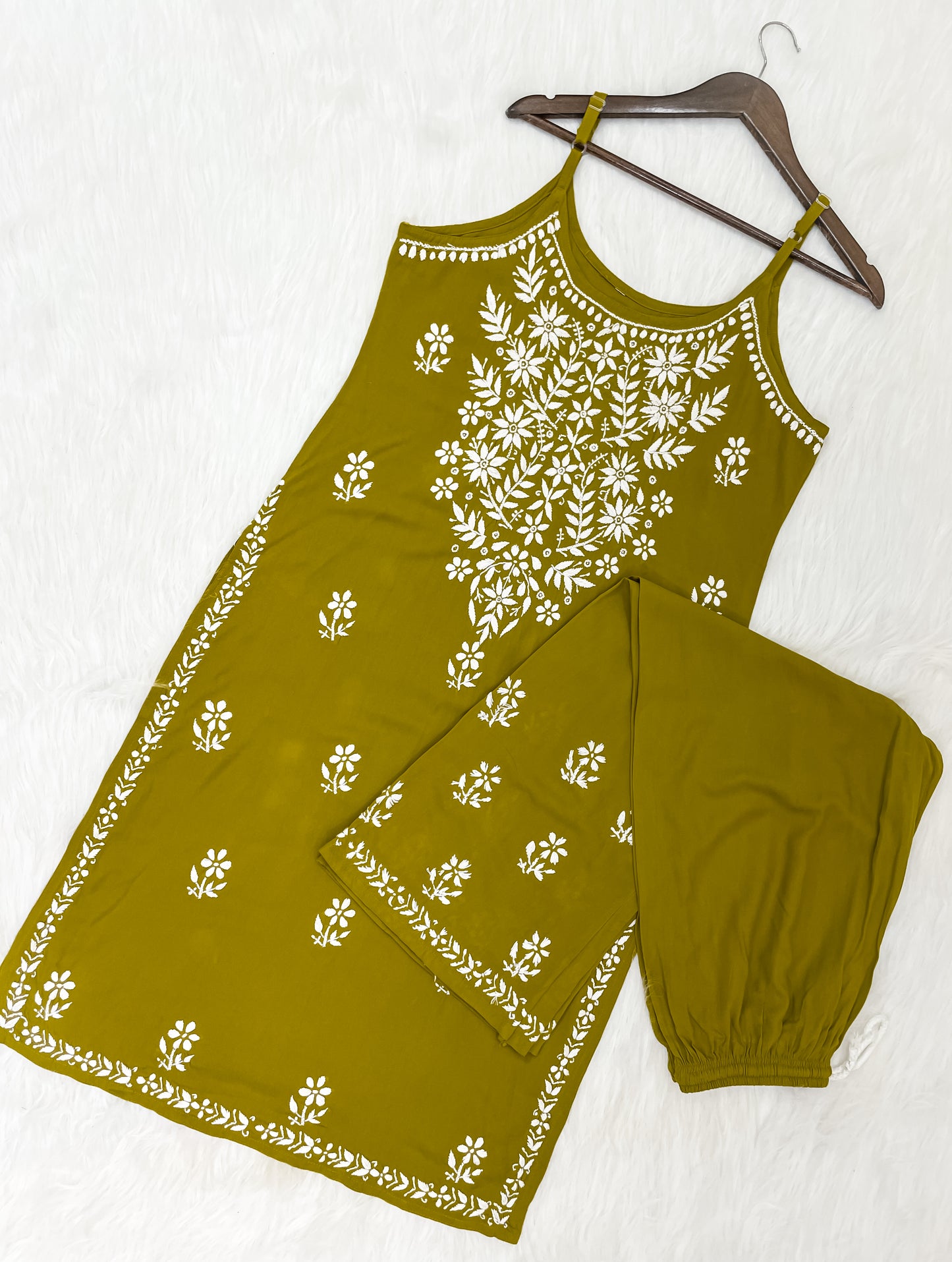 Mansha Chikankari Strappy Rayon Kurti & Palazzo Co-Ord Set (Adjustable Strap)