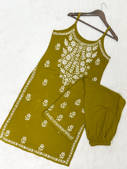 Mansha Chikankari Strappy Rayon Kurti & Palazzo Co-Ord Set (Adjustable Strap)