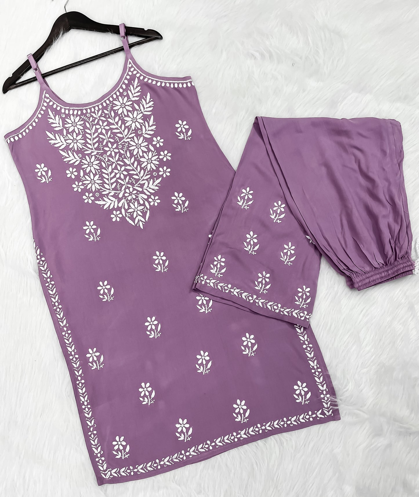 Mansha Chikankari Strappy Rayon Kurti & Palazzo Co-Ord Set (Adjustable Strap)