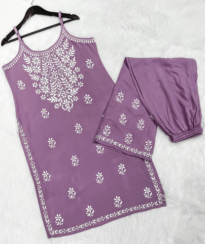 Mansha Chikankari Strappy Rayon Kurti & Palazzo Co-Ord Set (Adjustable Strap)