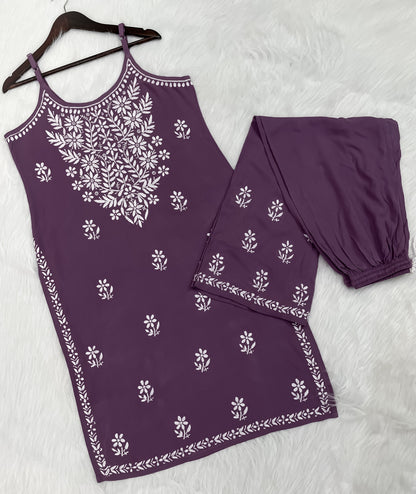 Mansha Chikankari Strappy Rayon Kurti & Palazzo Co-Ord Set (Adjustable Strap)