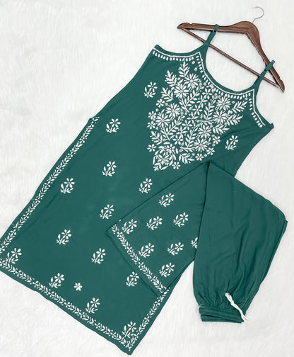 Mansha Chikankari Strappy Rayon Kurti & Palazzo Co-Ord Set (Adjustable Strap)