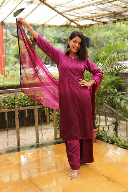 Ombre Dyed Shaded Rayon Lucknowi Chikankari Kurti, Palazzo and Dupatta Set.