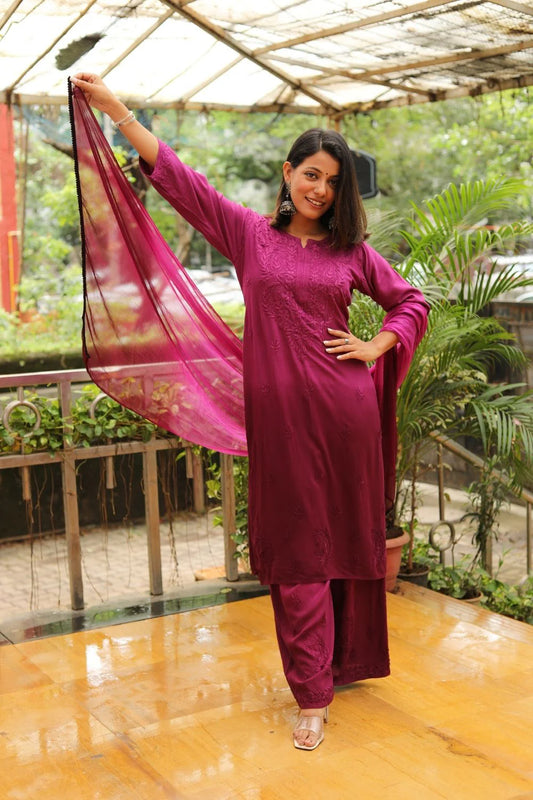 Ombre Dyed Shaded Rayon Lucknowi Chikankari Kurti, Palazzo and Dupatta Set.