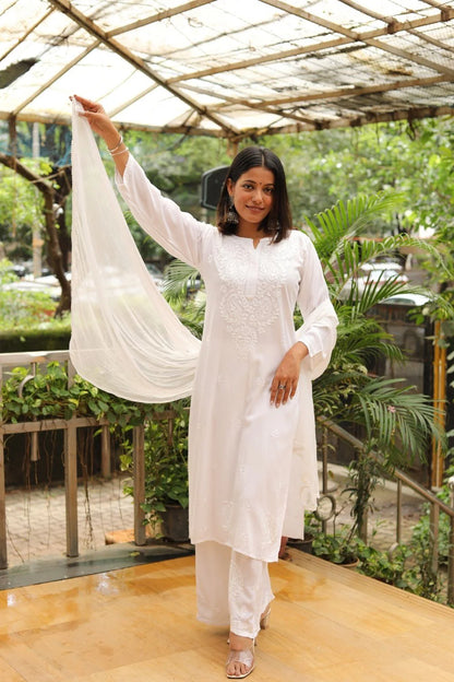 Ombre Dyed Shaded Rayon Lucknowi Chikankari Kurti, Palazzo and Dupatta Set.