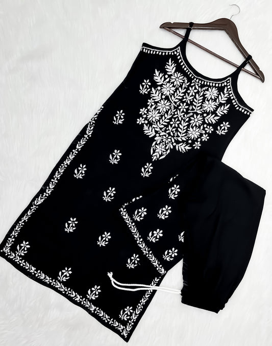 Chikankari Strappy Premium Rayon Kurti & Palazzo Co-Ord Set for Women (Adjustable Strap)