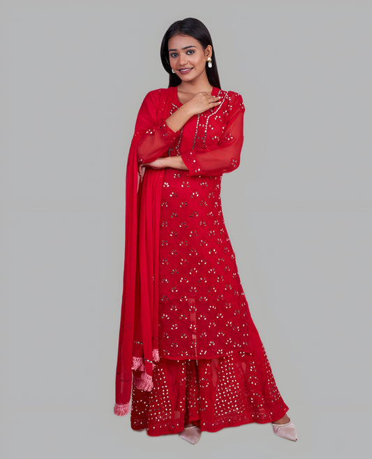 Tamanna Premium Georgette Mirror Work Kurti, Sharara & Dupatta Set With Matching Cotton Inner