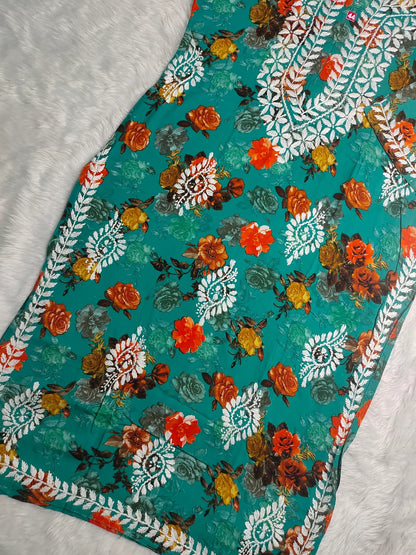 Nigaar Straight Fit Floral Print Rayon Kurti with Lucknowi Hand Embroidery for All Occasions