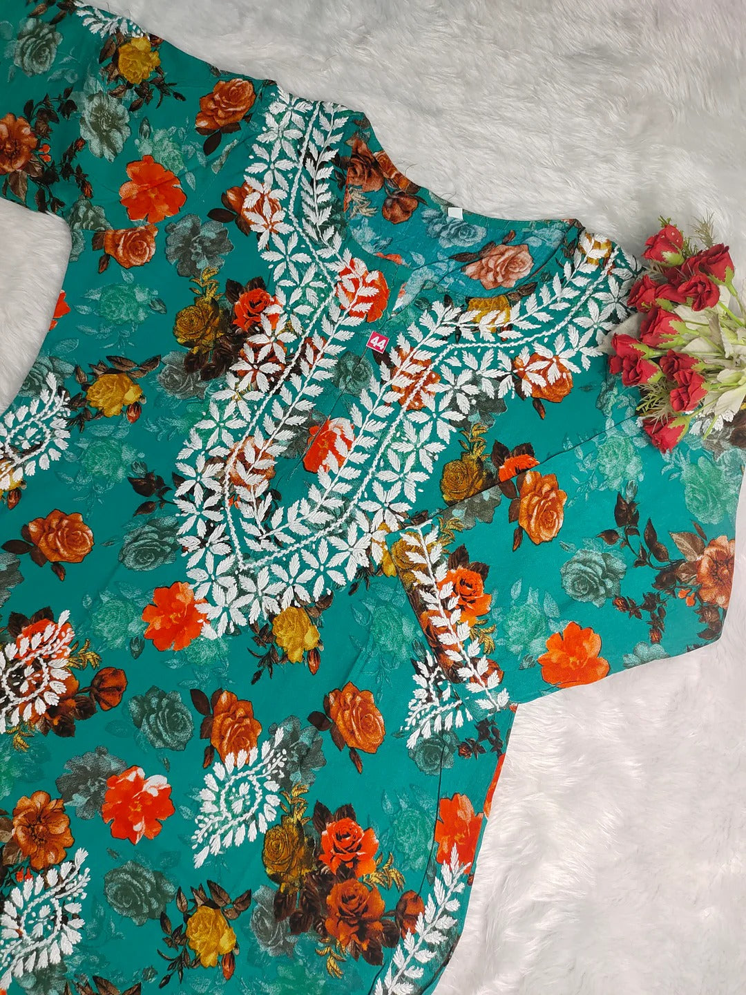 Nigaar Straight Fit Floral Print Rayon Kurti with Lucknowi Hand Embroidery for All Occasions