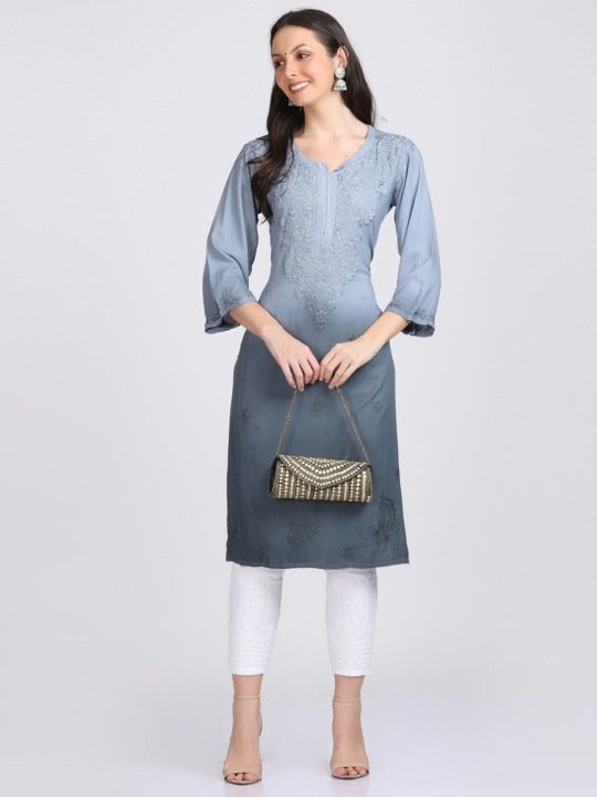 Gray Nargis Rayon Ombre/Shaded Dyed Long Chikankari Kurti malabis.in