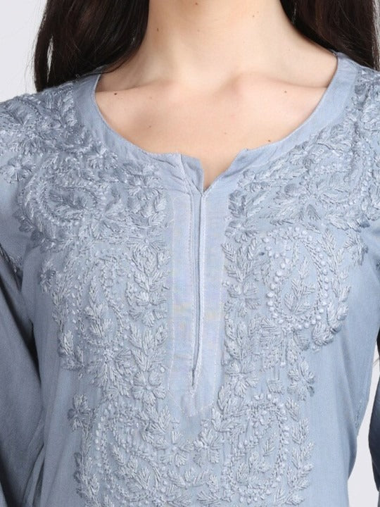 Gray Nargis Rayon Ombre/Shaded Dyed Long Chikankari Kurti malabis.in