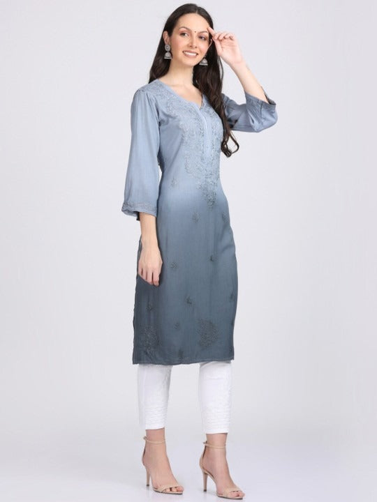 Gray Nargis Rayon Ombre/Shaded Dyed Long Chikankari Kurti malabis.in