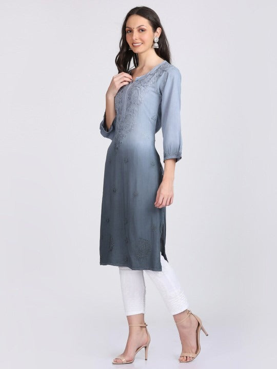 Gray Nargis Rayon Ombre/Shaded Dyed Long Chikankari Kurti malabis.in