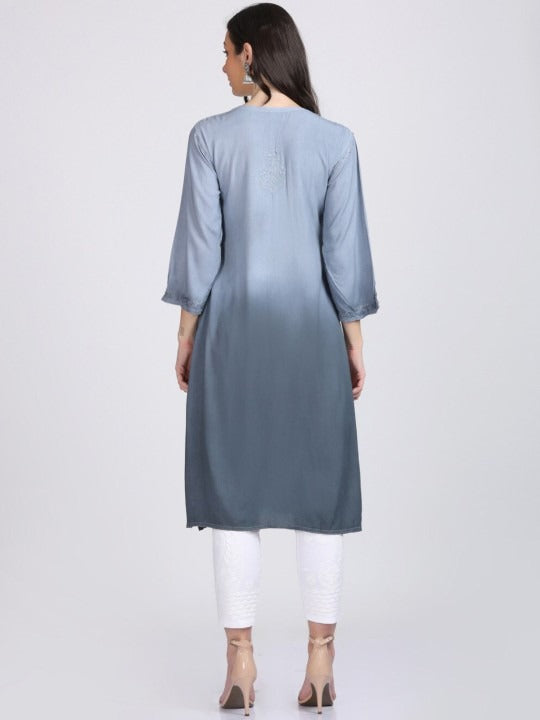 Gray Nargis Rayon Ombre/Shaded Dyed Long Chikankari Kurti malabis.in