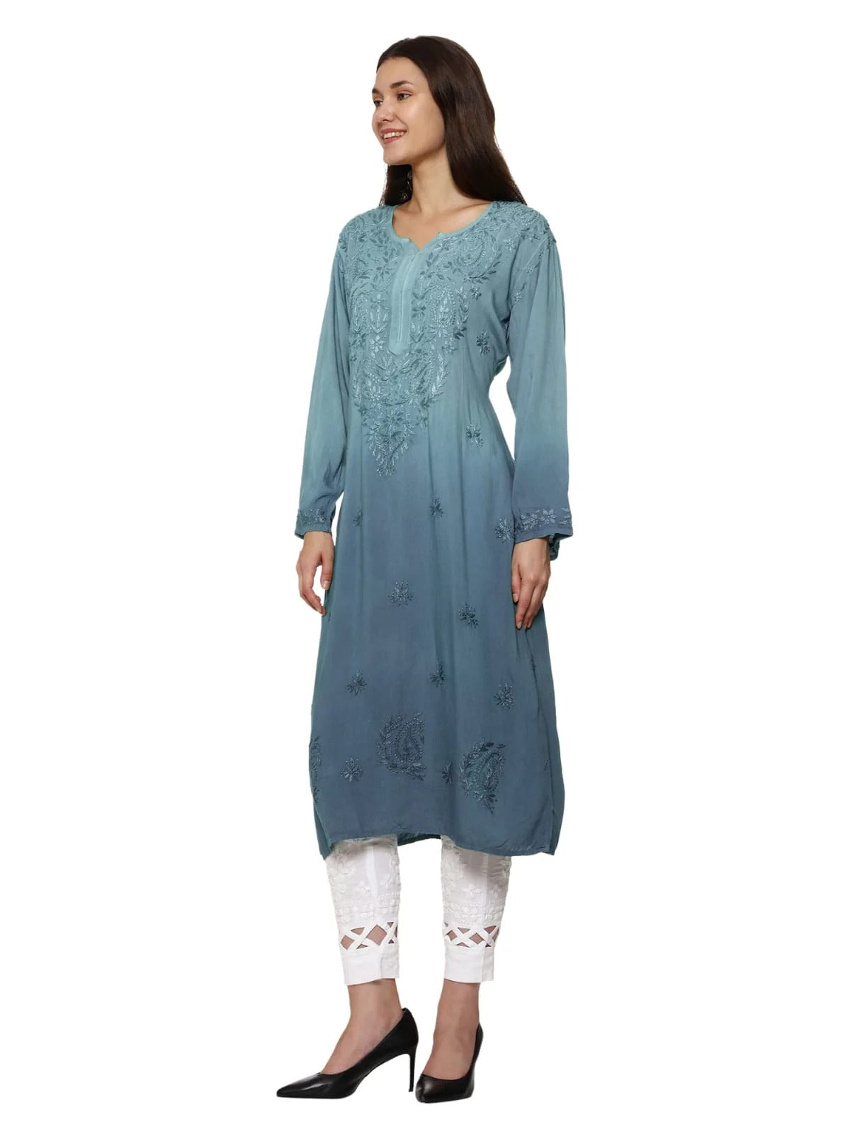 Greyish Blue Nargis Rayon Ombre/Shaded Dyed Long Chikankari Kurti malabis.in