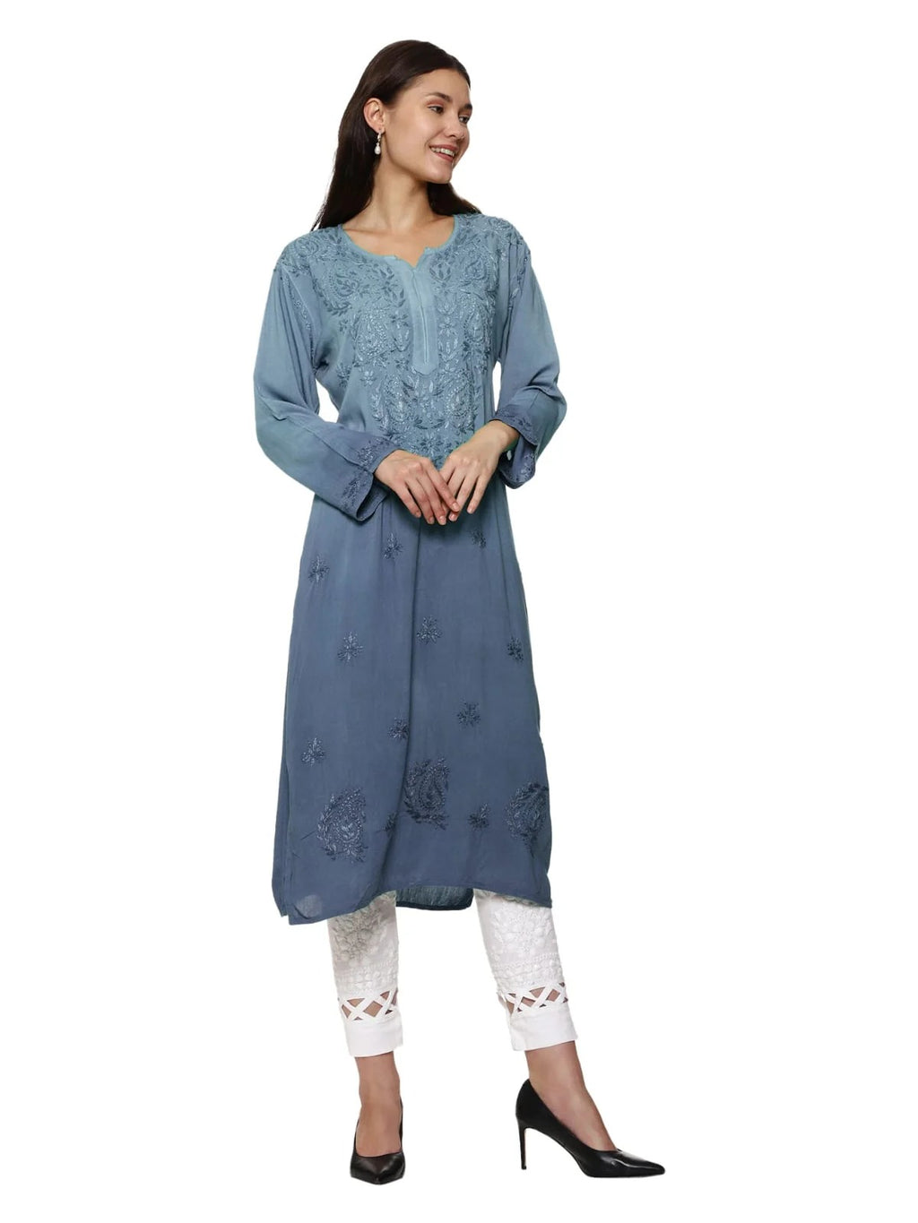 Greyish Blue Nargis Rayon Ombre/Shaded Dyed Long Chikankari Kurti malabis.in