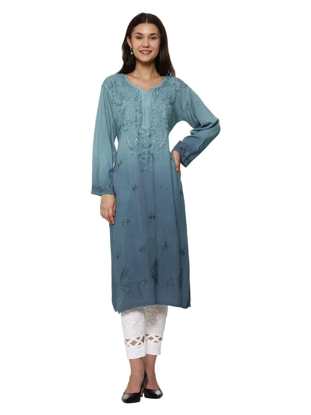 Greyish Blue Nargis Rayon Ombre/Shaded Dyed Long Chikankari Kurti malabis.in