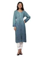 Greyish Blue Nargis Rayon Ombre/Shaded Dyed Long Chikankari Kurti malabis.in