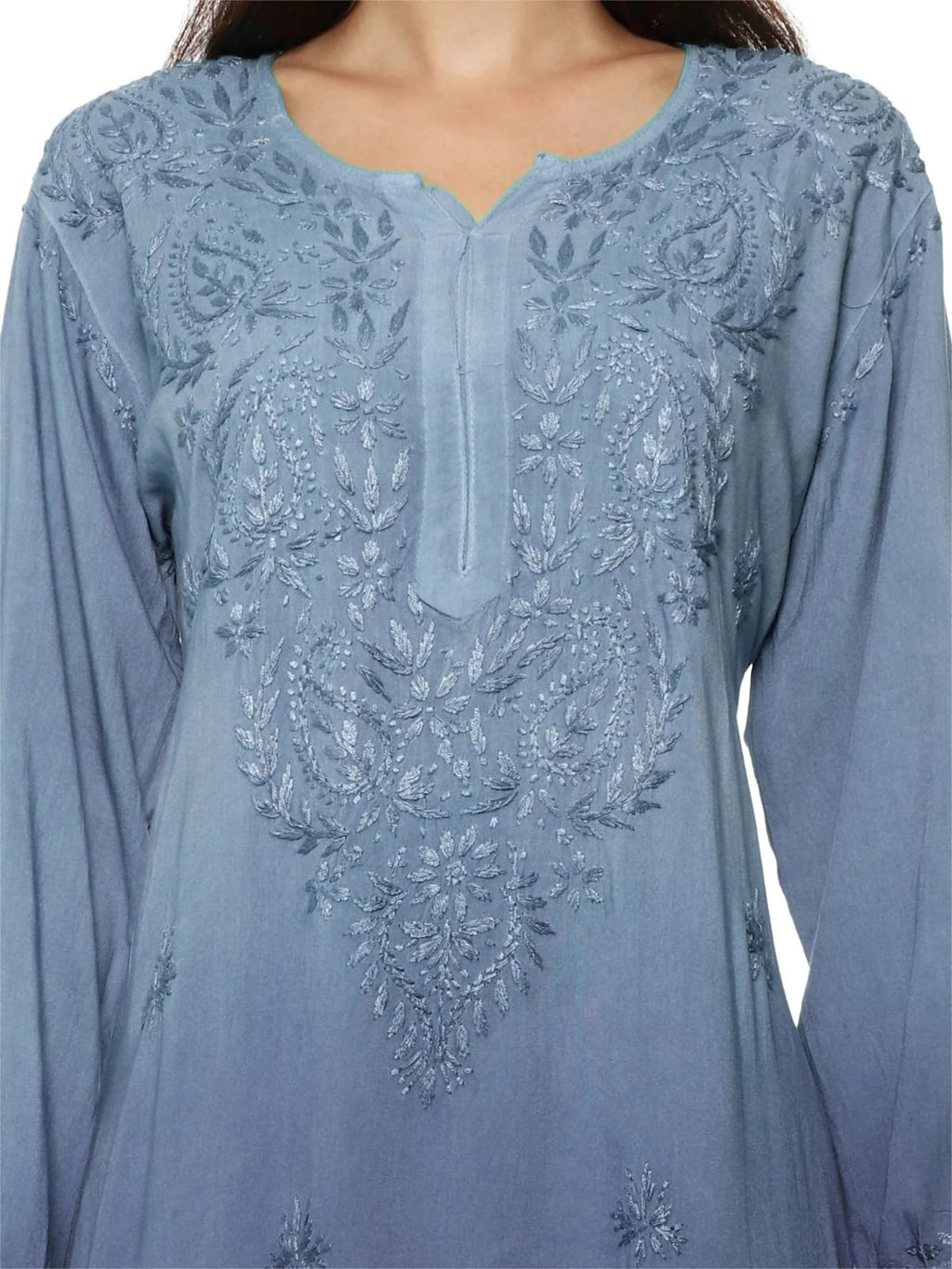 Greyish Blue Nargis Rayon Ombre/Shaded Dyed Long Chikankari Kurti malabis.in