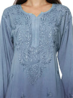 Greyish Blue Nargis Rayon Ombre/Shaded Dyed Long Chikankari Kurti malabis.in