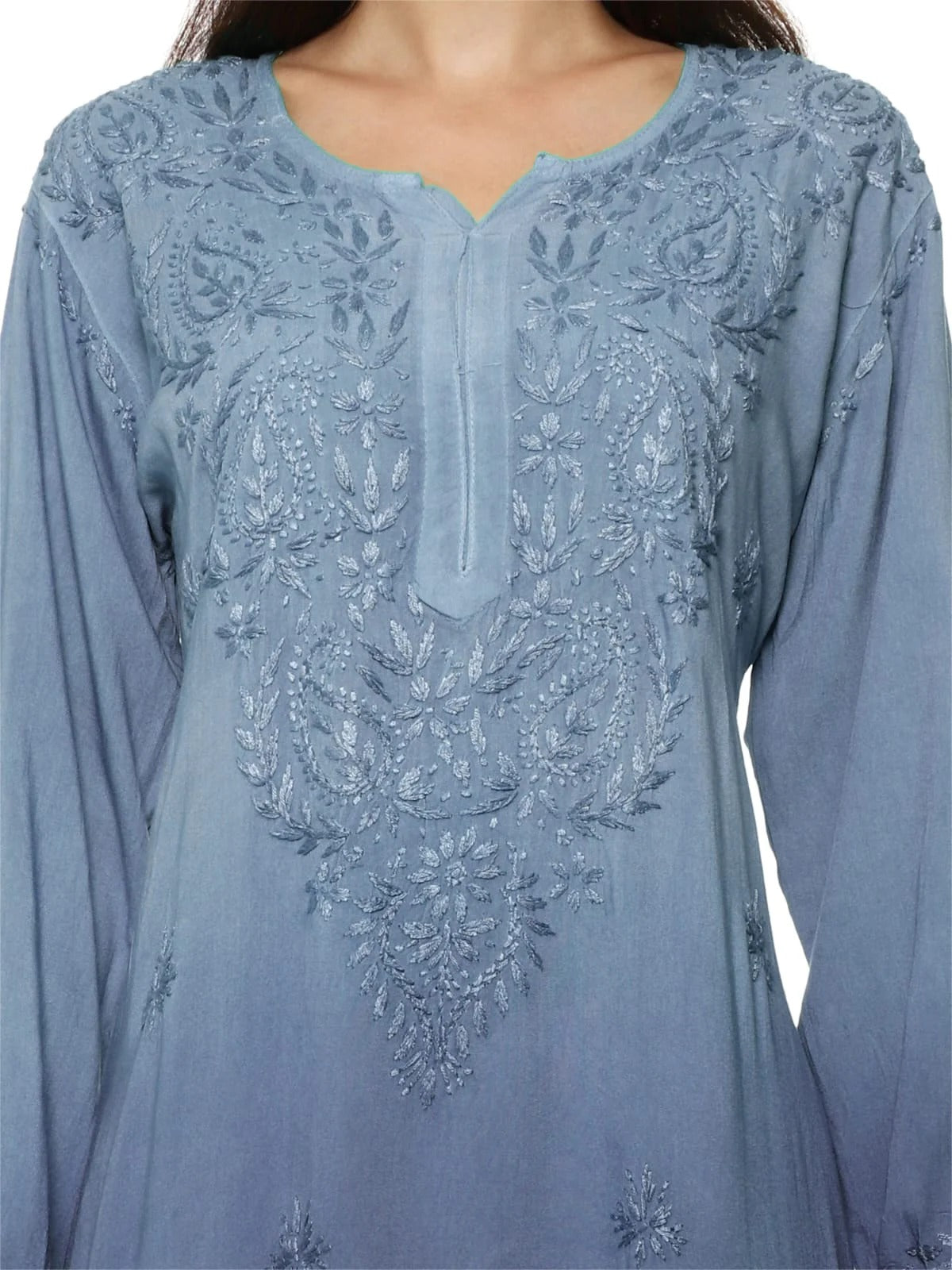 Greyish Blue Nargis Rayon Ombre/Shaded Dyed Long Chikankari Kurti malabis.in