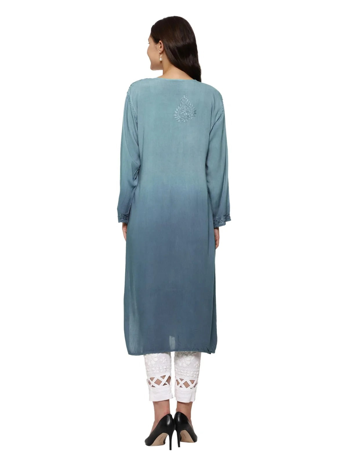 Greyish Blue Nargis Rayon Ombre/Shaded Dyed Long Chikankari Kurti malabis.in