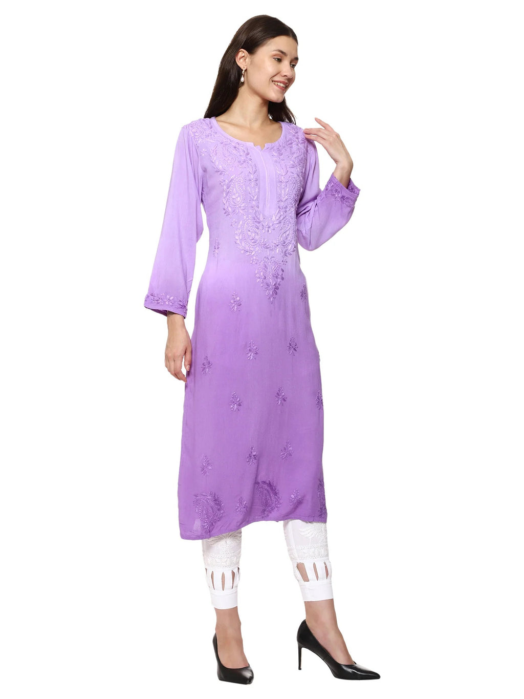 Lavender Nargis Rayon Ombre/Shaded Dyed Long Chikankari Kurti malabis.in