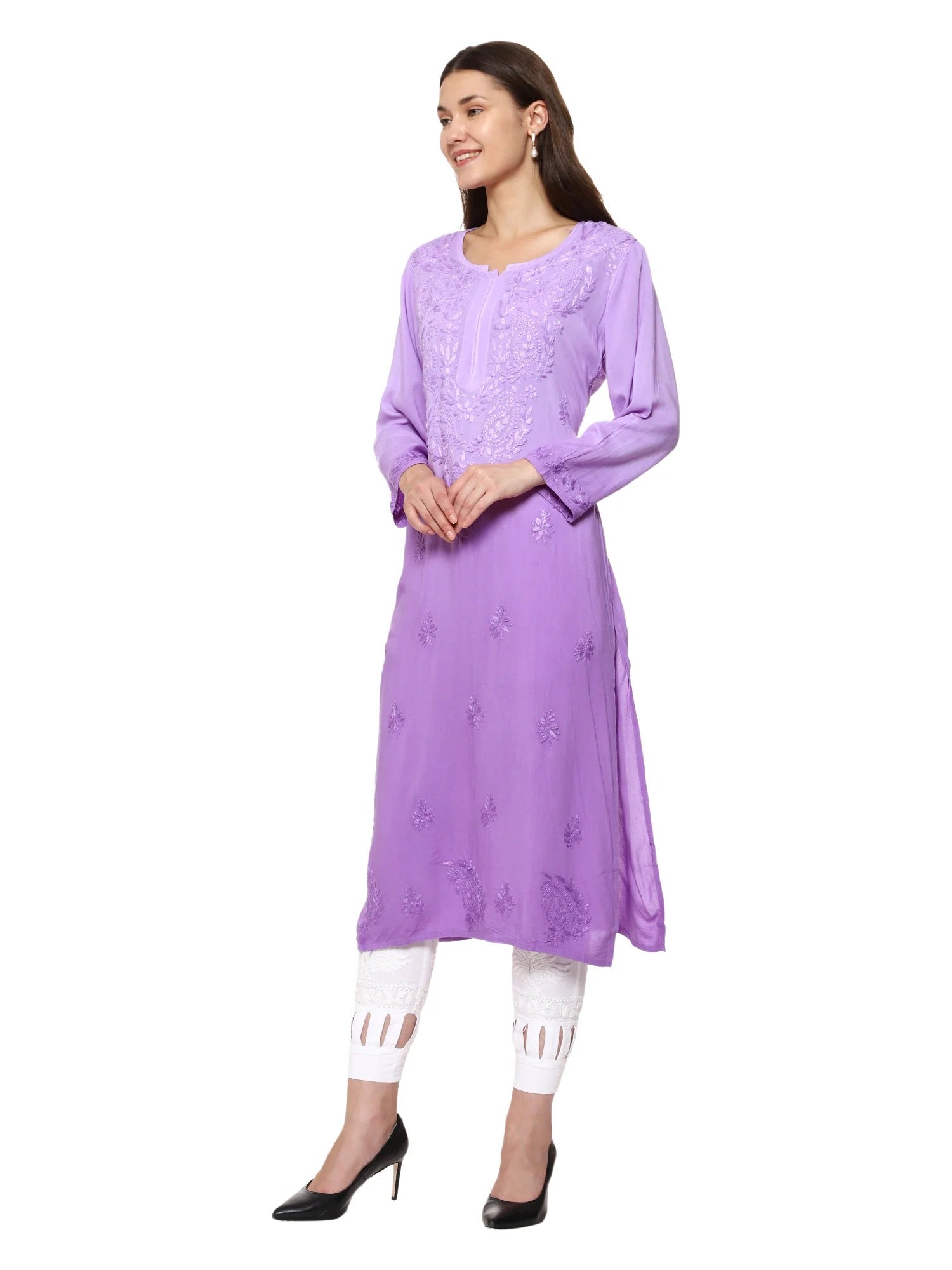 Lavender Nargis Rayon Ombre/Shaded Dyed Long Chikankari Kurti malabis.in