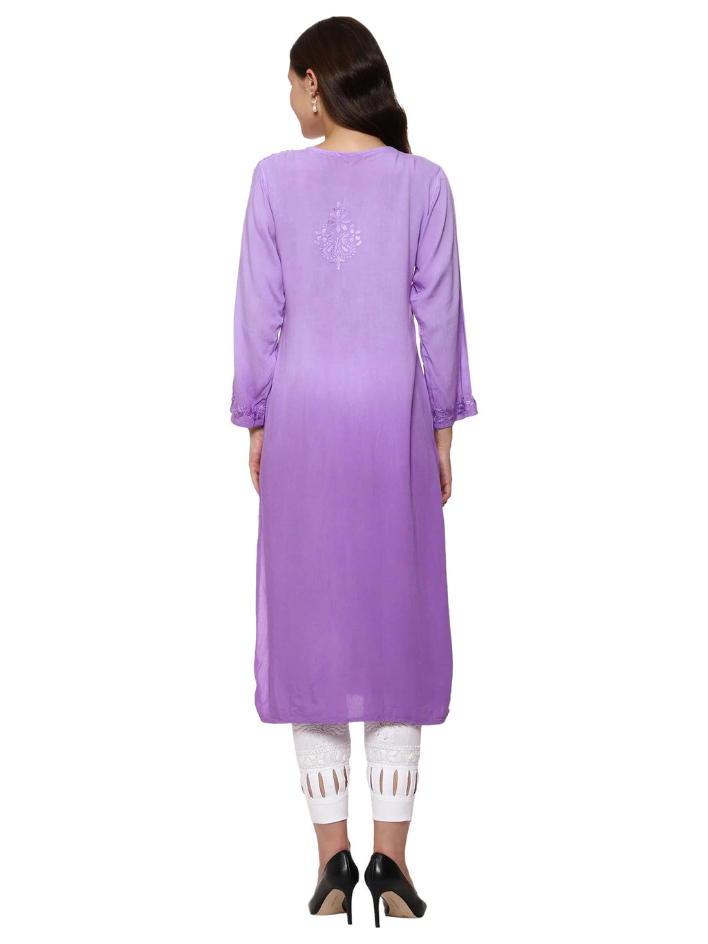 Lavender Nargis Rayon Ombre/Shaded Dyed Long Chikankari Kurti malabis.in