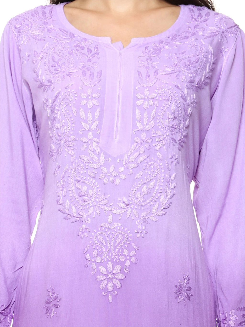 Lavender Nargis Rayon Ombre/Shaded Dyed Long Chikankari Kurti malabis.in