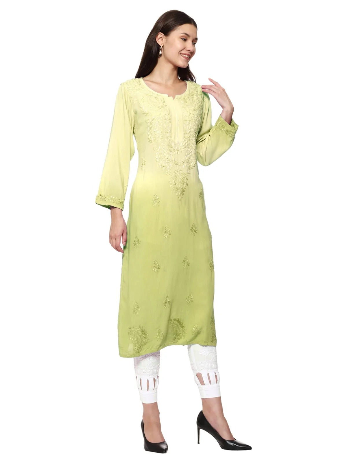 Lemon Nargis Rayon Ombre/Shaded Dyed Long Chikankari Kurti malabis.in