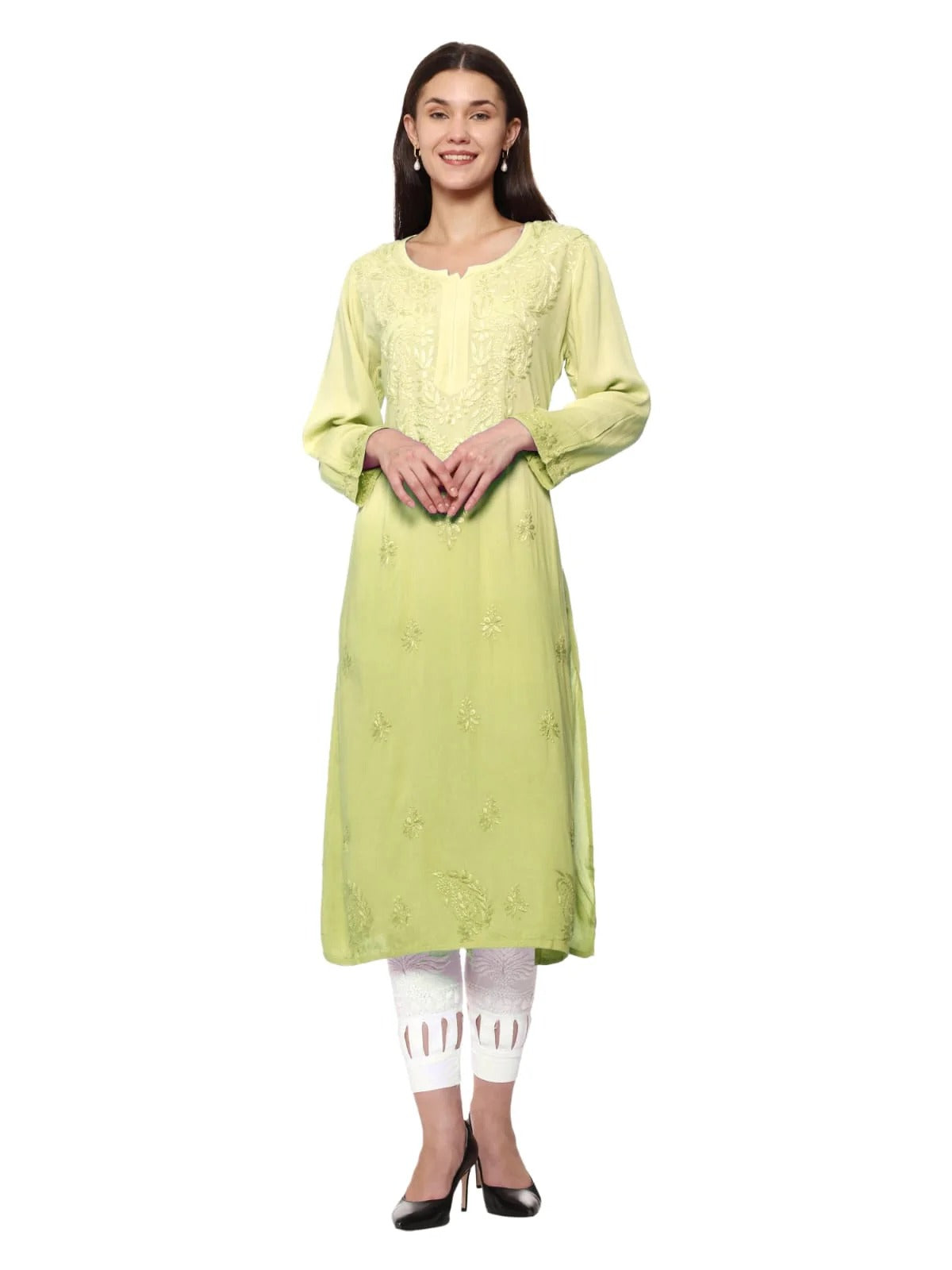 Lemon Nargis Rayon Ombre/Shaded Dyed Long Chikankari Kurti malabis.in