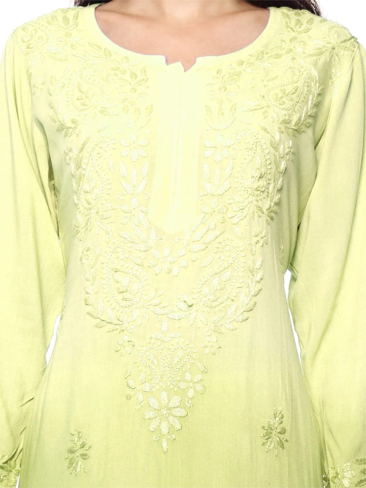 Lemon Nargis Rayon Ombre/Shaded Dyed Long Chikankari Kurti malabis.in