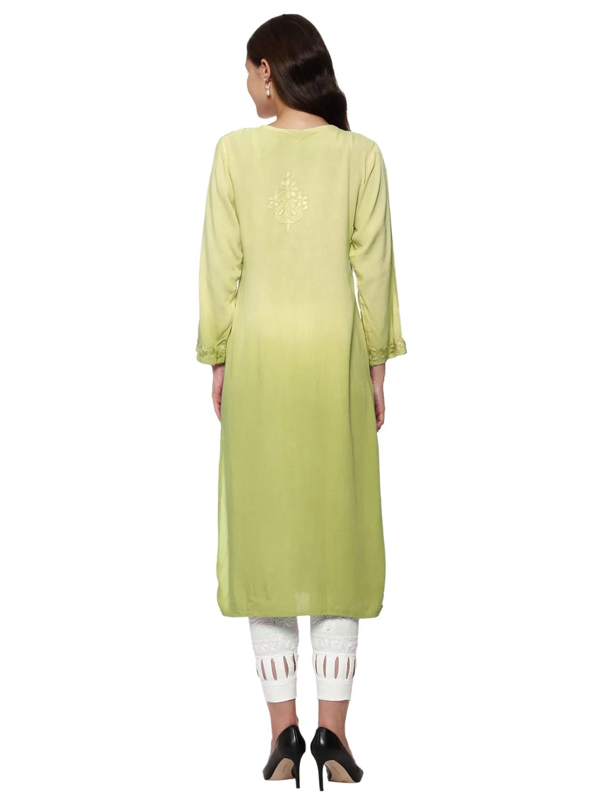 Lemon Nargis Rayon Ombre/Shaded Dyed Long Chikankari Kurti malabis.in