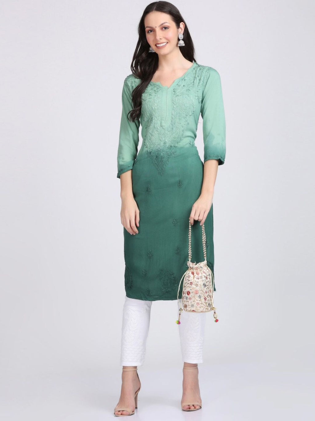 Mashi Nargis Rayon Ombre/Shaded Dyed Long Chikankari Kurti malabis.in
