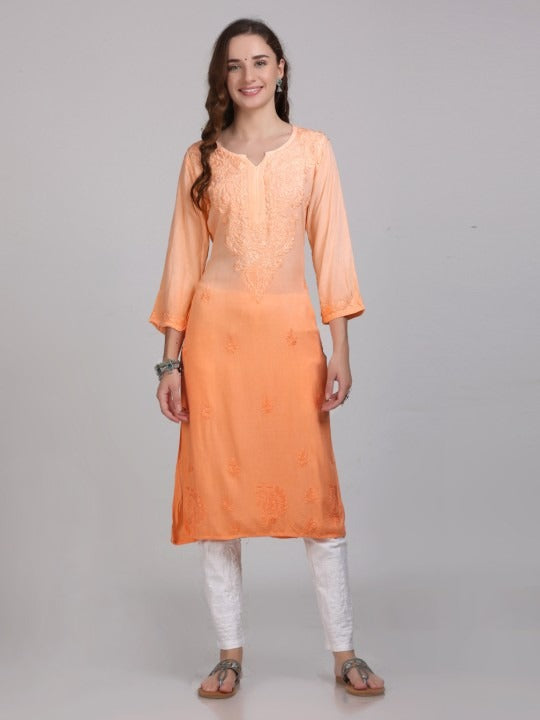 Orange Nargis Rayon Ombre/Shaded Dyed Long Chikankari Kurti malabis.in
