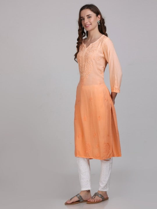 Orange Nargis Rayon Ombre/Shaded Dyed Long Chikankari Kurti malabis.in
