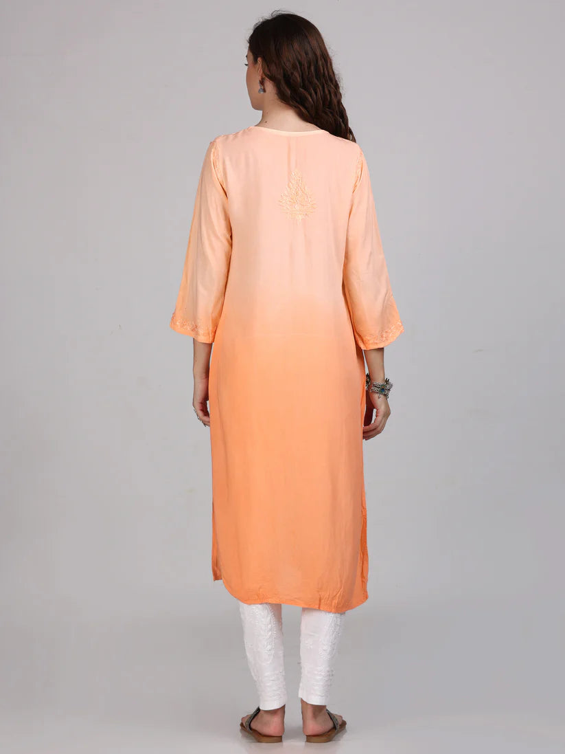 Orange Nargis Rayon Ombre/Shaded Dyed Long Chikankari Kurti malabis.in