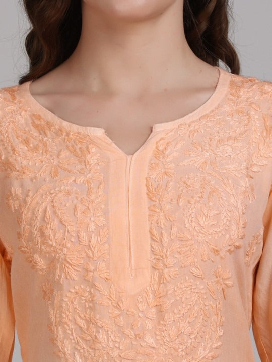 Orange Nargis Rayon Ombre/Shaded Dyed Long Chikankari Kurti malabis.in
