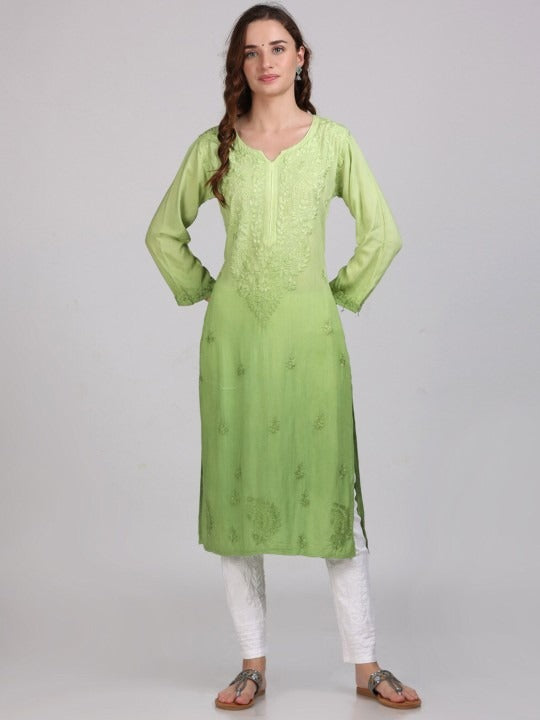 Parrot Green Nargis Rayon Ombre/Shaded Dyed Long Chikankari Kurti malabis.in
