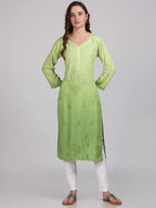 Parrot Green Nargis Rayon Ombre/Shaded Dyed Long Chikankari Kurti malabis.in