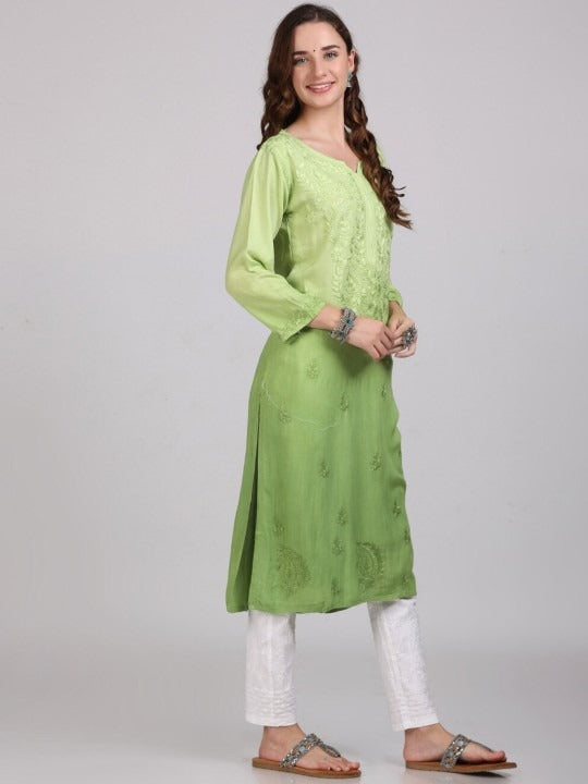 Parrot Green Nargis Rayon Ombre/Shaded Dyed Long Chikankari Kurti malabis.in