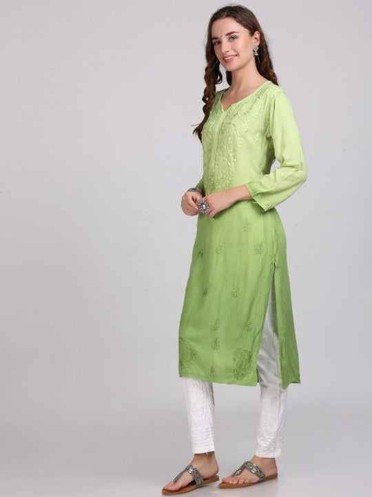 Parrot Green Nargis Rayon Ombre/Shaded Dyed Long Chikankari Kurti malabis.in