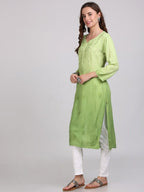 Parrot Green Nargis Rayon Ombre/Shaded Dyed Long Chikankari Kurti malabis.in