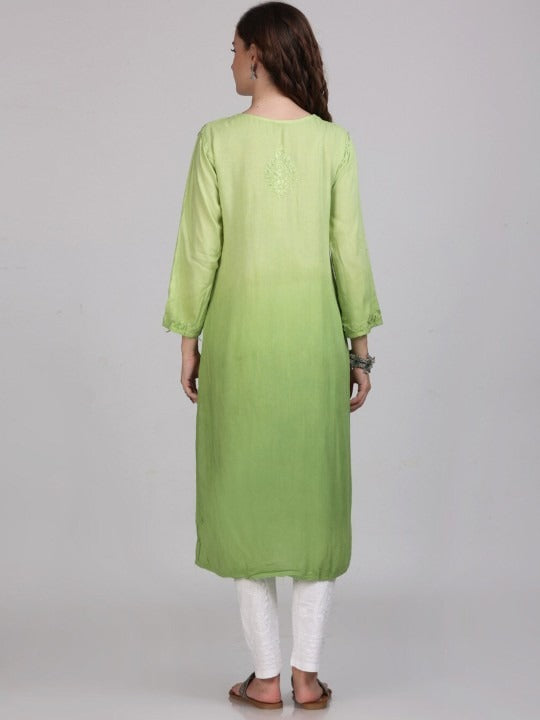 Parrot Green Nargis Rayon Ombre/Shaded Dyed Long Chikankari Kurti malabis.in