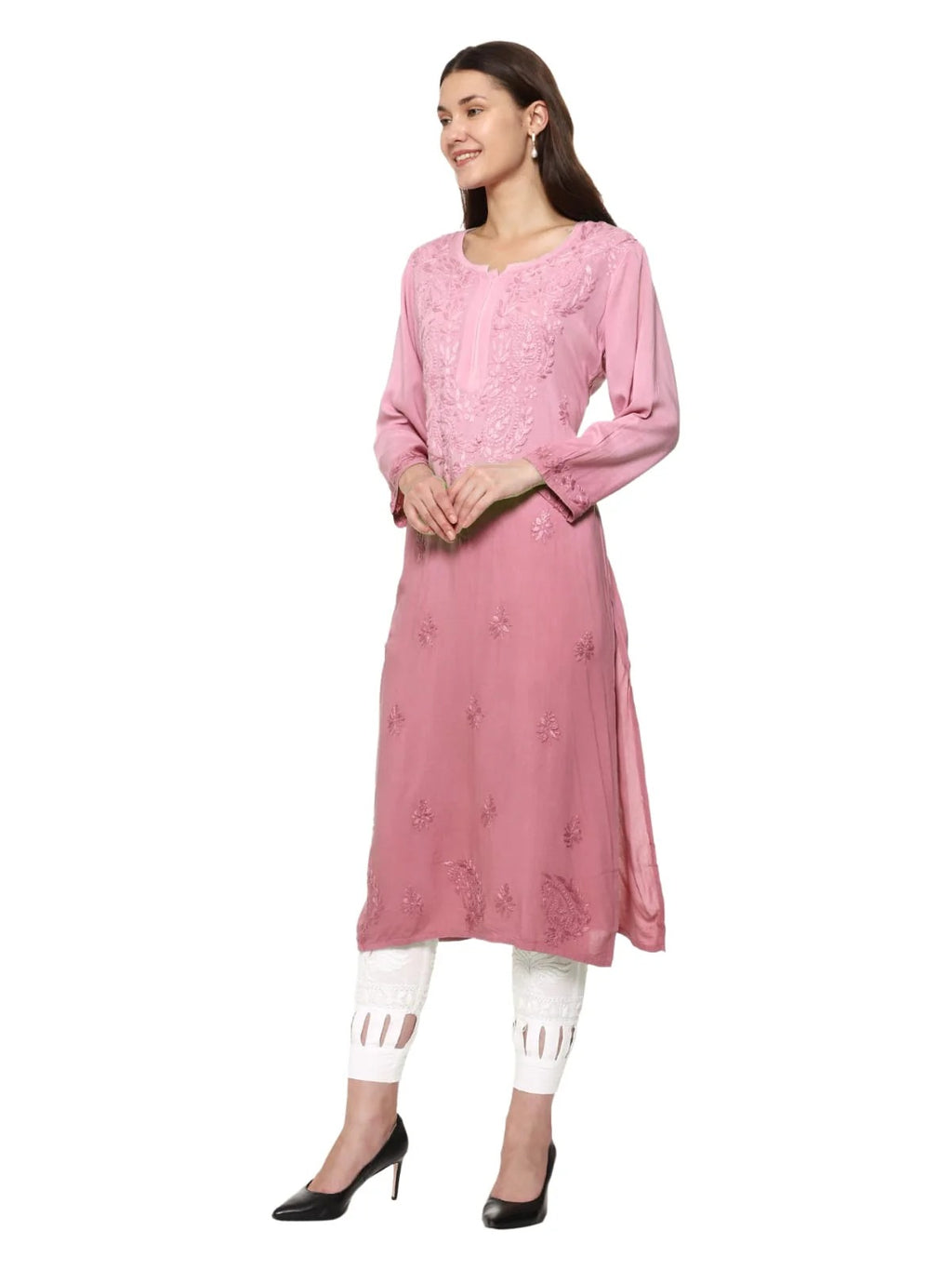 Peach Nargis Rayon Ombre/Shaded Dyed Long Chikankari Kurti malabis.in