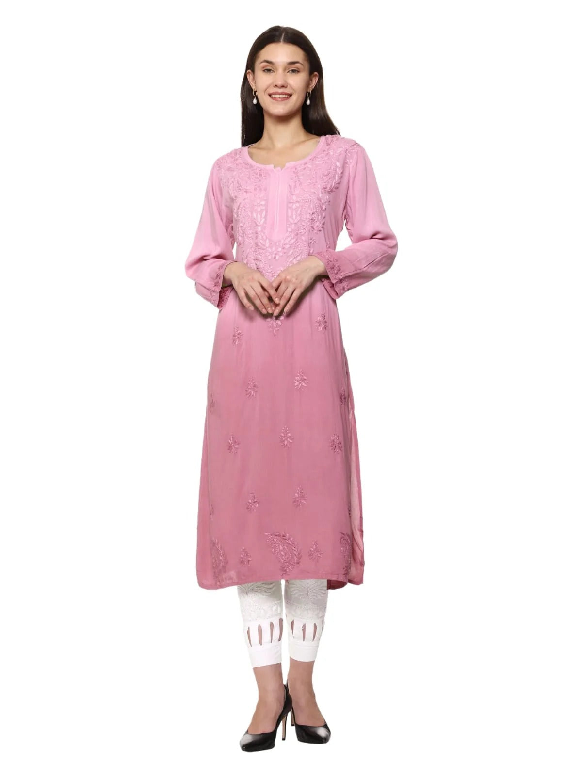 Peach Nargis Rayon Ombre/Shaded Dyed Long Chikankari Kurti malabis.in