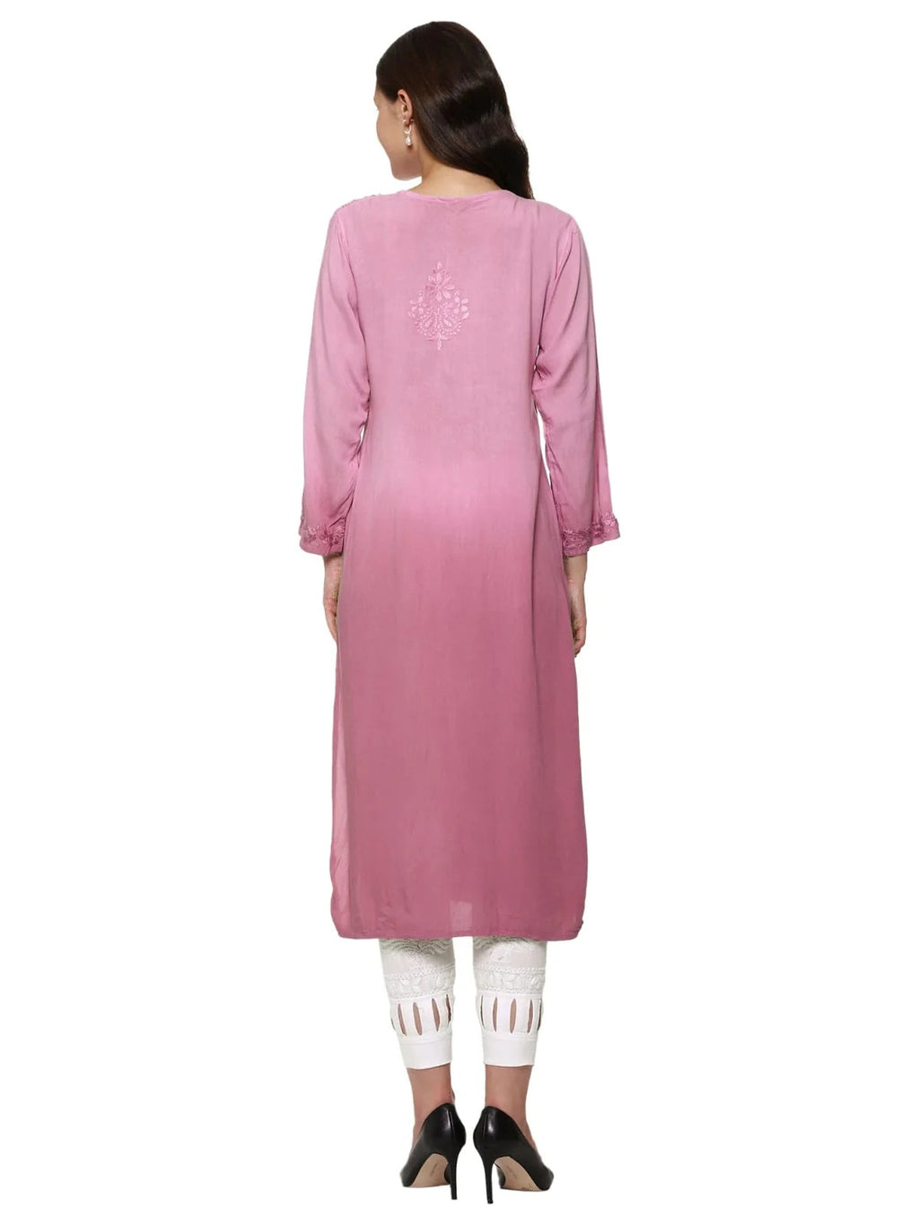 Peach Nargis Rayon Ombre/Shaded Dyed Long Chikankari Kurti malabis.in